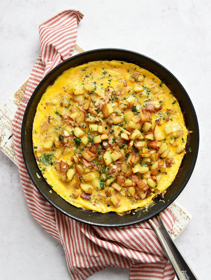Kater-Frühstück mit Bratkartoffeln und Ei