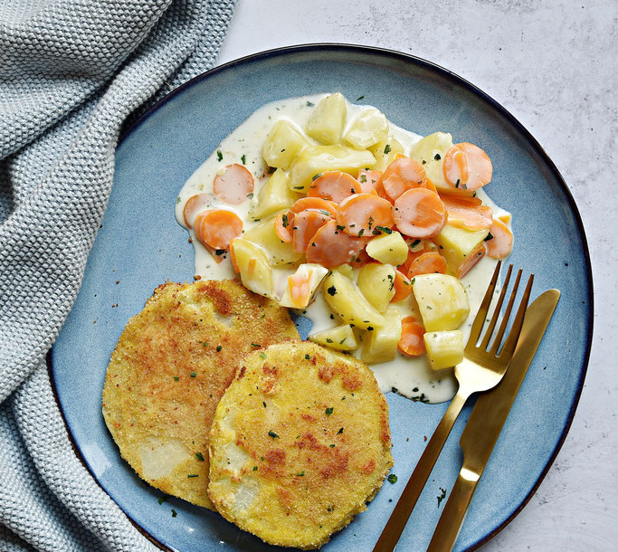 Kohlrabi Schnitzel mit Möhren und Kartoffeln in Frischkäse Soße, Thermomix