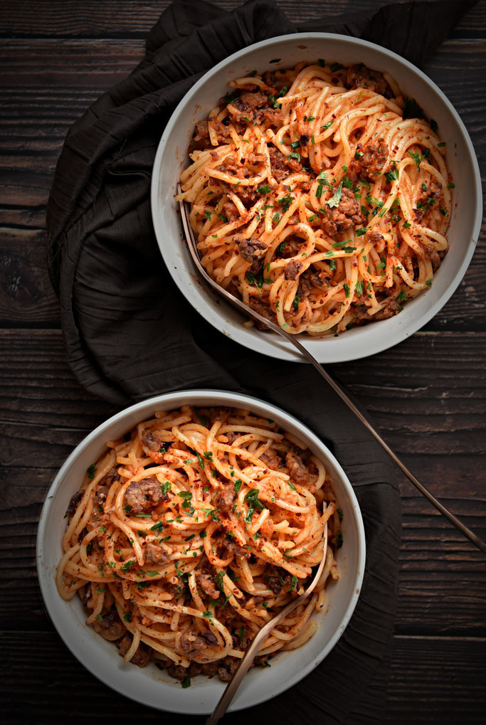 Pasta Diabolo mit Hack und Chili, vegetarisch und vegan machbar, Thermomix