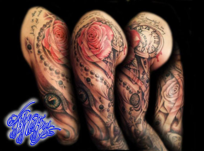 Blue Magic Pins fully custom sleeve design ^^This half sleeve is showing rosary cross with fingerprint; dedicated to his family member that has passed away; as a long lasting memory ;) Genk Belgium ta