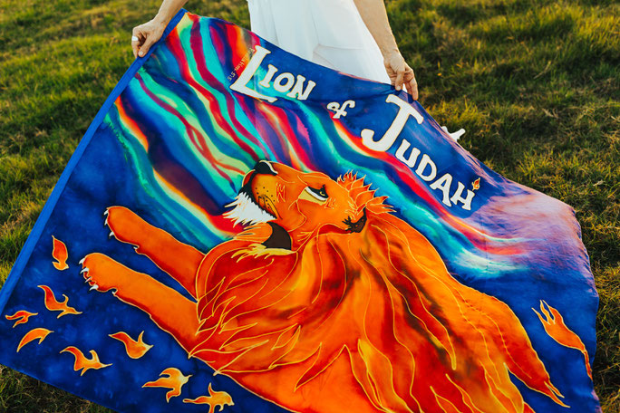 Lion with firey flames and colors streaming out over the quill flag