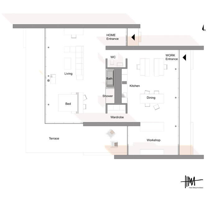 Modern open plan working and living around an efficient room divider by Heidi Mergl Architect