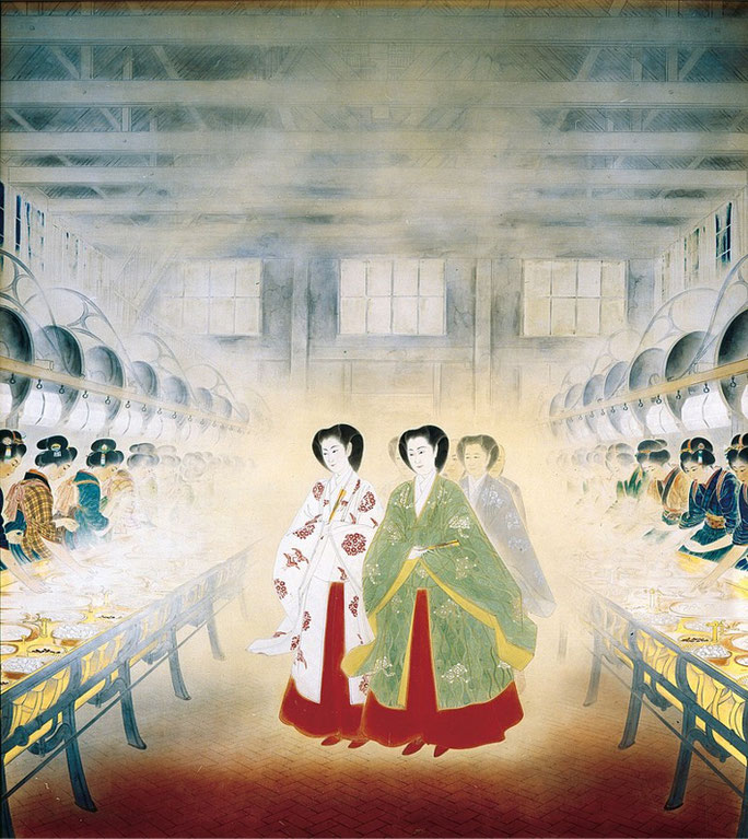 「富岡製糸場行啓(明治6年6月)」(荒井寛方 筆) ※https://ja.wikipedia.org/wiki/紅葉山御養蚕所 より