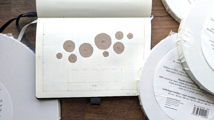 Projektplanung im Bullet Journal mit aufgeklebten Kreisen (Leinwände) und Skizze von Bett und Wand