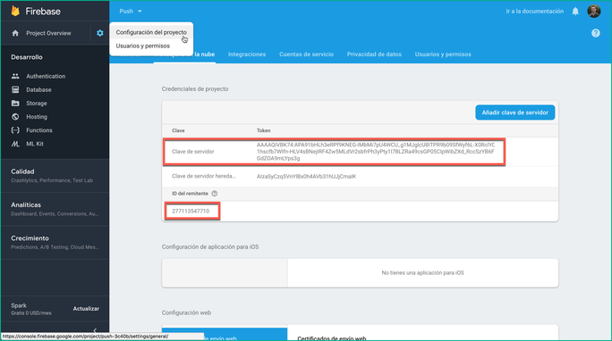 Vista consola Clave Servidor e ID remitente en Firebase