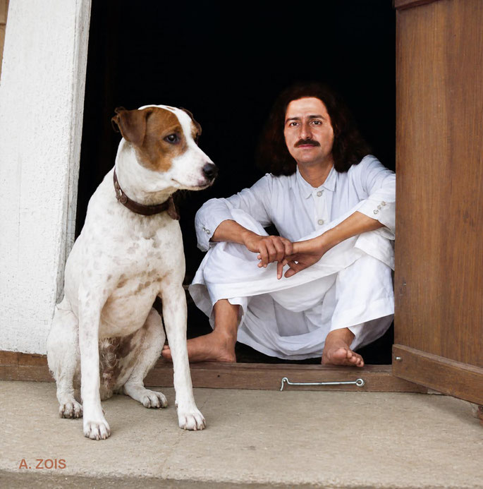 26. 1935 : Meher Baba with Chum at Baba's Cabin on Meherabad Hill, India. BP