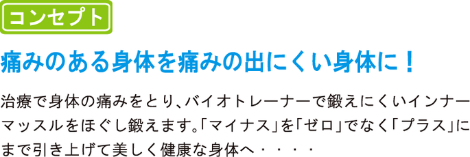 松山市あさひ整体院の治療コンセプトは、痛みのある身体を、痛みの出にくい身体にすることです。治療で身体の痛みをとり、バイオトレーナーで鍛えにくいインナーマッスルをほぐし鍛えます。マイナスを0ではなく、＋にまで引き上げて美しく健康な身体へ・・・。