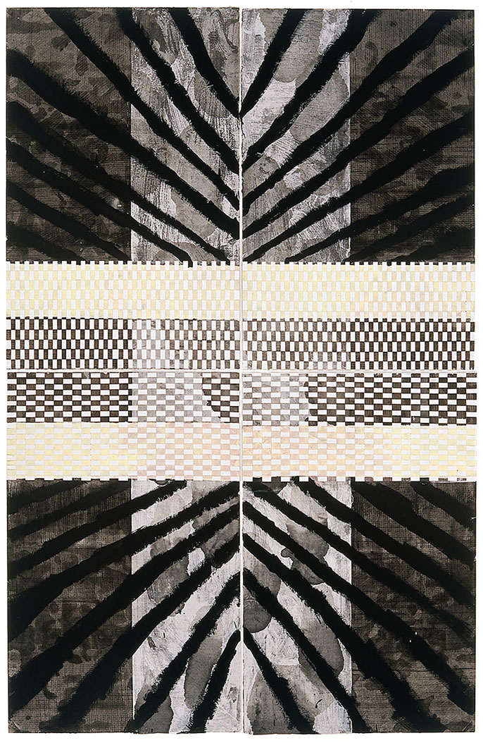 Four quarters, two halves (lament) – Shoalhaven River, 2003: charcoal, pastel, acrylic, ink, rice paper and paper (woven) on paper;220x150 (4 panels)