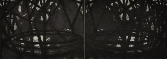 Down River Dark II- 3, 2010: charcoal & pastel on paper; 2 parts, total 56x152cm (series of 8)