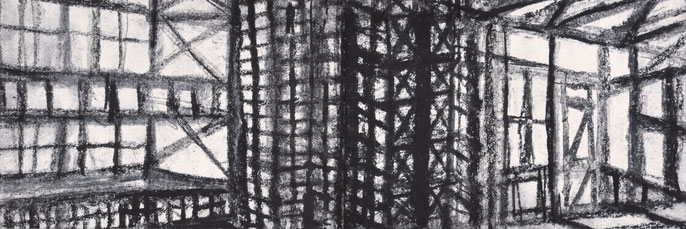 Unauthorized template for occupying a hut #5, 2022; charcoal on paper, 15x41cm 