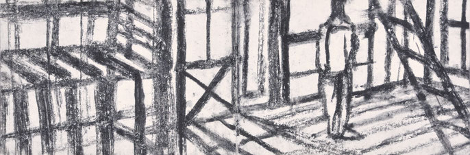 Unauthorized template for occupying a hut #3, 2022; charcoal on paper, 15x41cm 