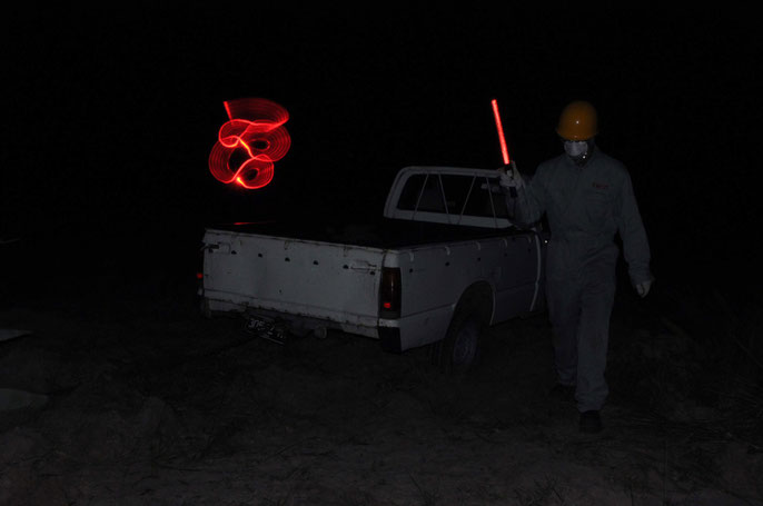 Jack ran back into the sand area to perform behind the ute, falling first into a pile of dead cactus