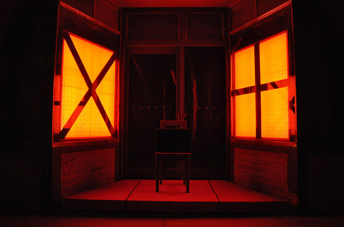 Doorway, Goat Gallery, Natimuk: Air Asia Platform, 10,000 lumen led light boxes with 20 re-purposed hi vis vest and chair (Grace Pundyk was locked-down in Melbourne, so her voice was in a black box)