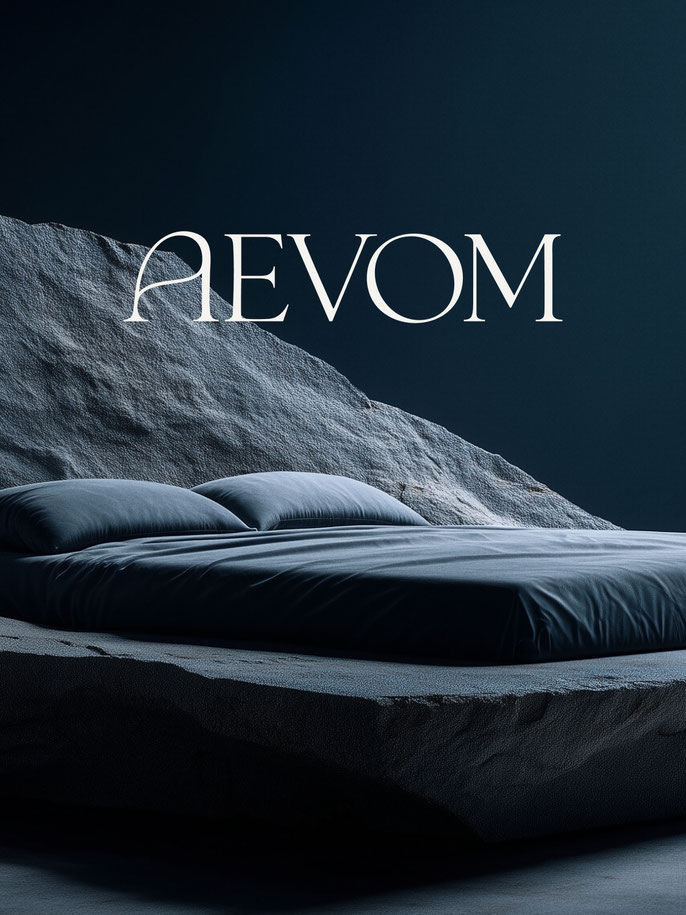 Hotelmarke AEVOM mit Logo, Typografie und Moodbildern für Schlaf- und Longevity-Konzept – visuelle Identität und Corporate Design Entwicklung einer Hospitality-Marke, Brand Design Projekt Hamburg