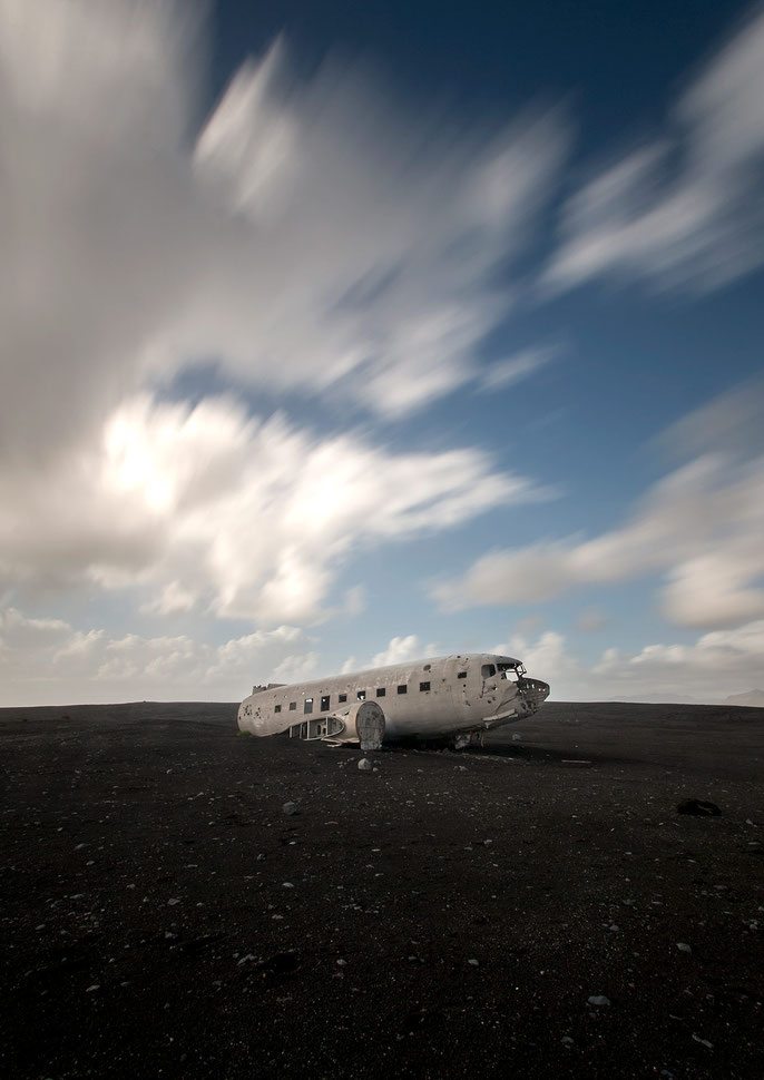 Plane Wreck in Lava Desert and blurred Clouds, Long Exposure, ND-Filter, Iceland, 1280x1809px