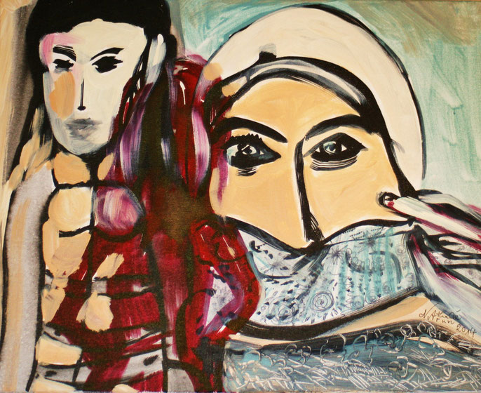 Nathalie Arun "Women`s struggle for freedom" 2014, 40 x 50 cm, Acryl-Tusche auf Leinwand für Kunsthaus Zendscheid