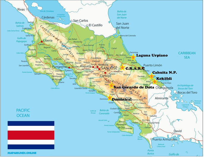 Map of Costa Rica with all the places visited during the trip