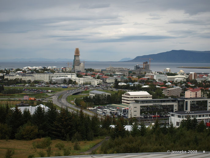 Reykjavik staan hier bovenop de Perlan, de warmwater voorziening van Reykjavik, een complex van warmwatertanks die 21 miljoen liter kunnen bevatten