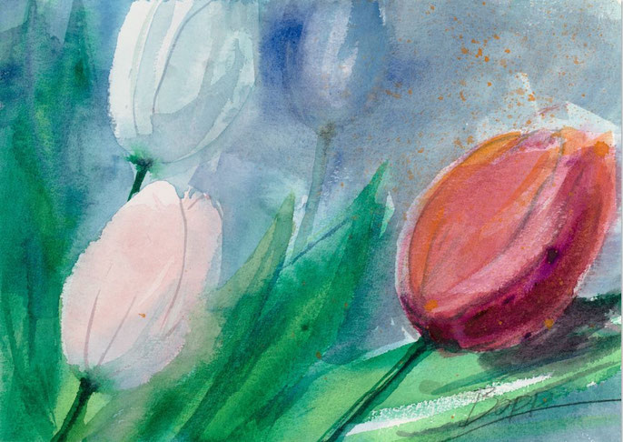 Wandbild Tulpen 2, Querformat, Farben Weiß und Rot, Aquarell gemalt von Jopie Bopp