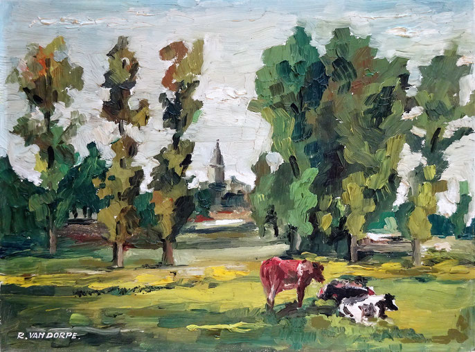 R. Vandorpe, kunstschilder. Schilderij vlaams landschap met koeien te koop.