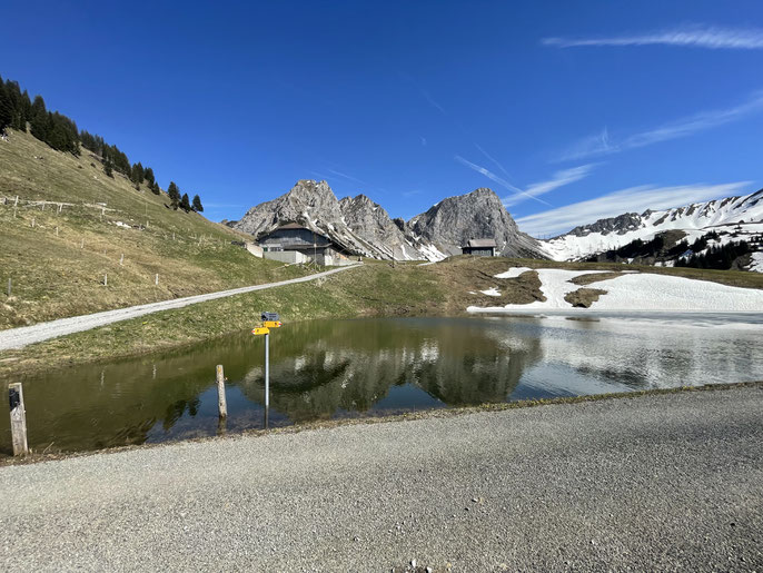 Chapfhütte auf der Alp Jänzimatt mit Schafnase (links) und Rossflue (rechts) 