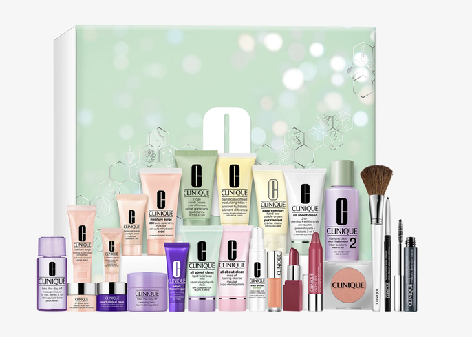 Clinique Adventkalender mit 24 Türchen gefüllt mit den beliebtesten Produkte.