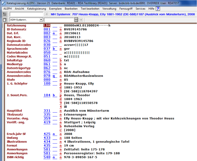 Screenshot eines Lehrbuch-Beispiels im Aleph-Format (Stand: 15.01.2016)