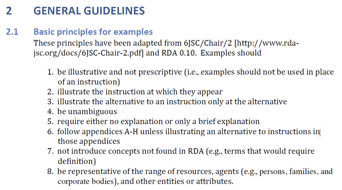 Die Grundprinzipien für Beispiele in RDA gemäß dem "RDA examples guide"