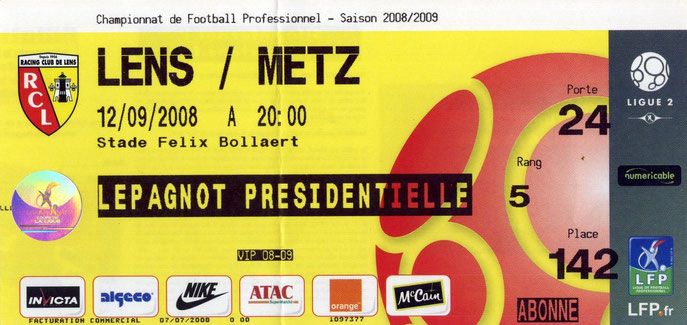 12 sept. 2008: RC Lens - FC Metz - 6ème Journée - Championnat de France (0/1 - 26.952 spect.)