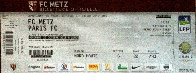 30 oct. 2015: FC Metz - Paris FC - 13ème journée - Championnat de France (2/1 - 11.949 spect.)