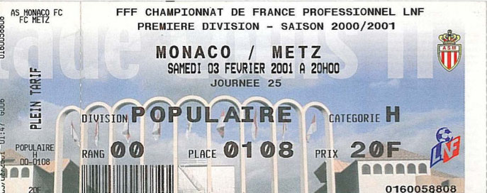 3 févr 2001: AS Monaco - FC Metz - 24ème Journée - Championnat de France (6/1 - 3.000 spect.)