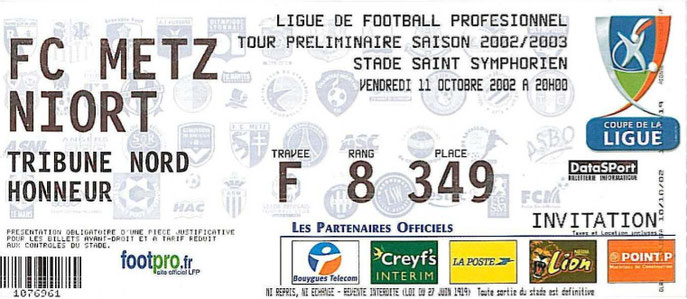 11 oct. 2002: FC Metz - Niort - Tour Préliminaire - Coupe de la Ligue (0/0 - 4.426 spect.)