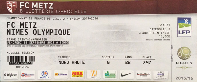 25 sept. 2015: FC Metz - Nîmes Olympique - 9ème journée - Championnat de France (1/2 - 12.046 spect.)