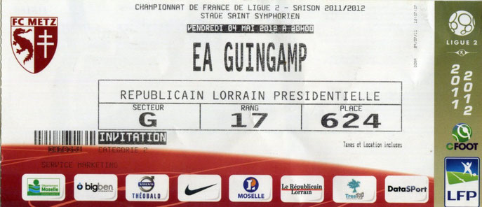 4 mai 2012: FC Metz - EA Guingamp - 36ème Journée - Championnat de France (2/5 - 9.827 spect.)