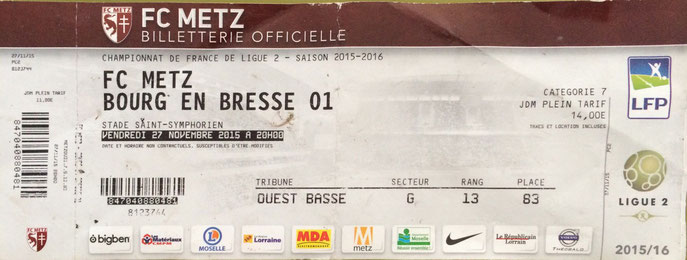 27 nov. 2015: FC Metz - Bourg en Bresse 01 - 16ème journée - Championnat de France (5/0 - 10.273 spect.)