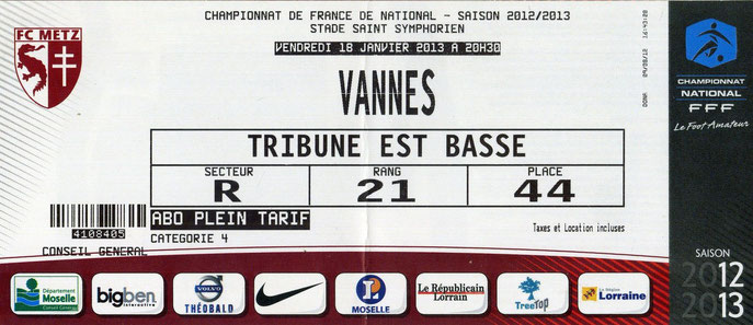 18 janv. 2013: FC Metz - Vannes OC - 20ème Journée - Championnat de France (1/1 - 6.093 spect.)