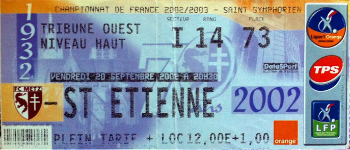 20 sept. 2002: FC Metz - AS St Etienne - 9ème Journée - Championnat de France (1/1 - 12.151 spect.)