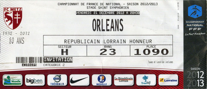 21 déc. 2012: FC Metz - Orléans - 18ème Journée - Championnat de France (2/4 - 10.253 spect.)