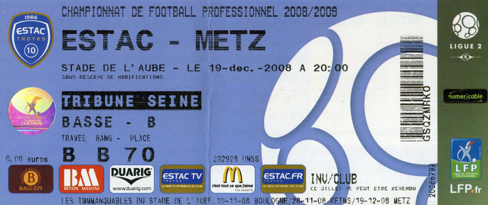 19 déc. 2008: FC Metz - ESTAC Troyes - 16ème Journée - Championnat de France (3/1 - 16.643 spect.)