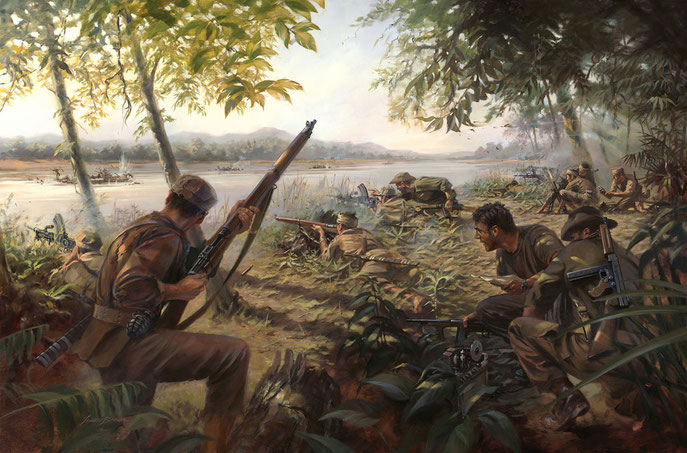 Embuscade sur l'Irrawaddy - Military Artist Stuart Brown