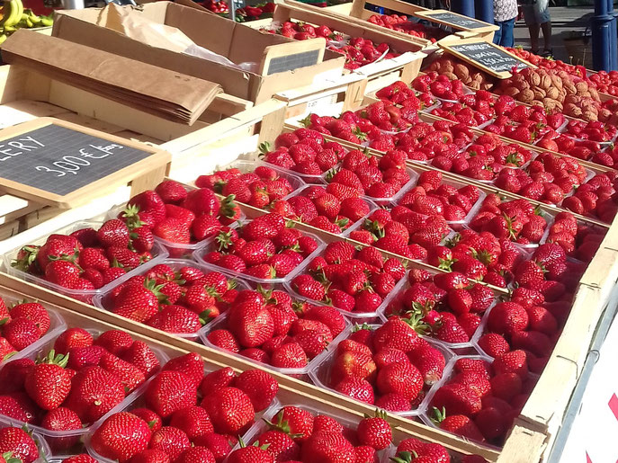 Cléry strawberries on Gourdon market in May - G Murray