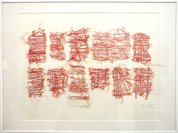 Image made from pieces of paper sewn with red thread