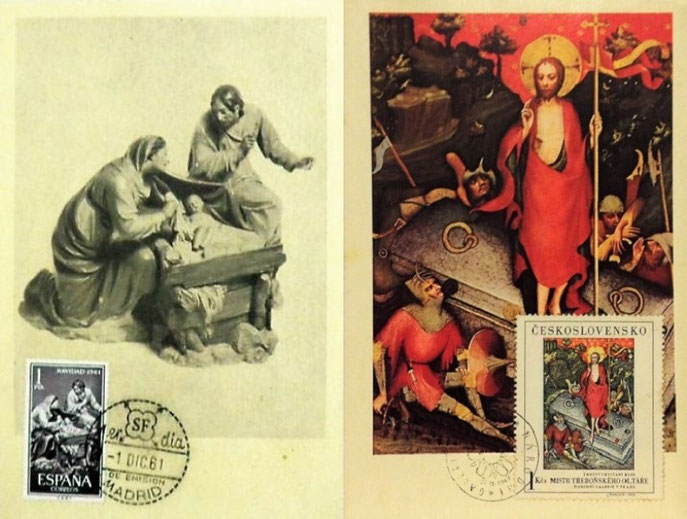Large images of maximum cards about Christmas and Christ's resurrection; Spain, 1961 and Czechoslovakia, 1969
