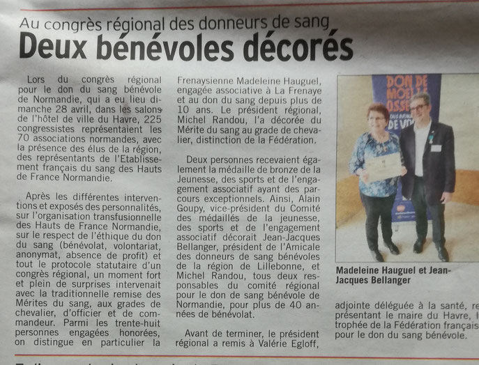 Au congrès régional des donneurs de sang 2 bénévoles décorés