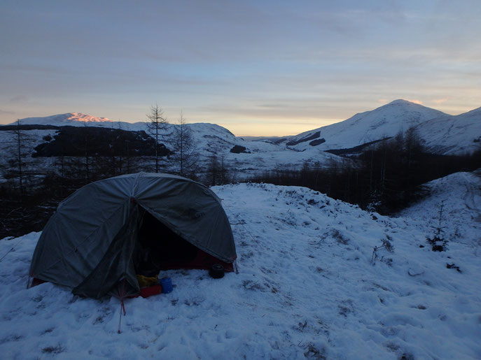 Sunrise, camping on the West Highland Way in December.