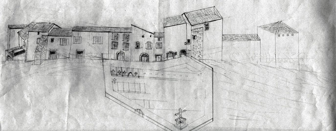 Sur la place l'ancien cimetière (dessin d'Edmond PEYRARD)