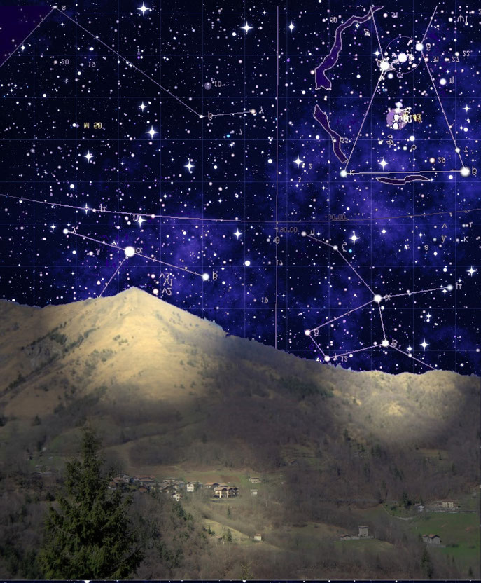 La stella Sirio si rispecchia sulla piramide del monte Zucchino, la Lepre sull'abitato di Lepreno, le tre stelle della " Cintura di Orione" sulle Tre Gobbe