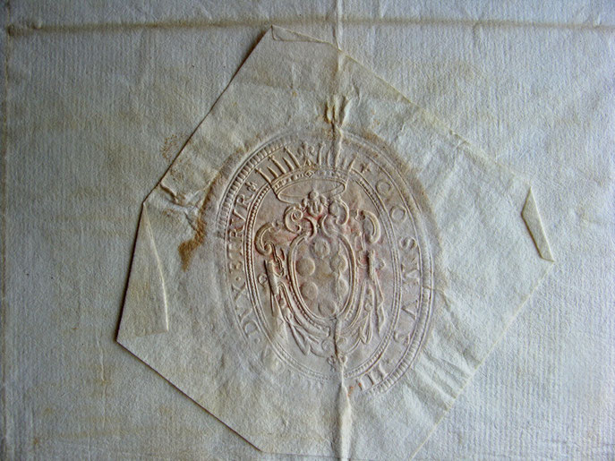 sceau sous papier de Cosme III de Médicis, 6ème grand duc de Toscane, sur une lettre de 1670 adressée de Florence à la princesse Borghèse à Rome (Archives JGD)