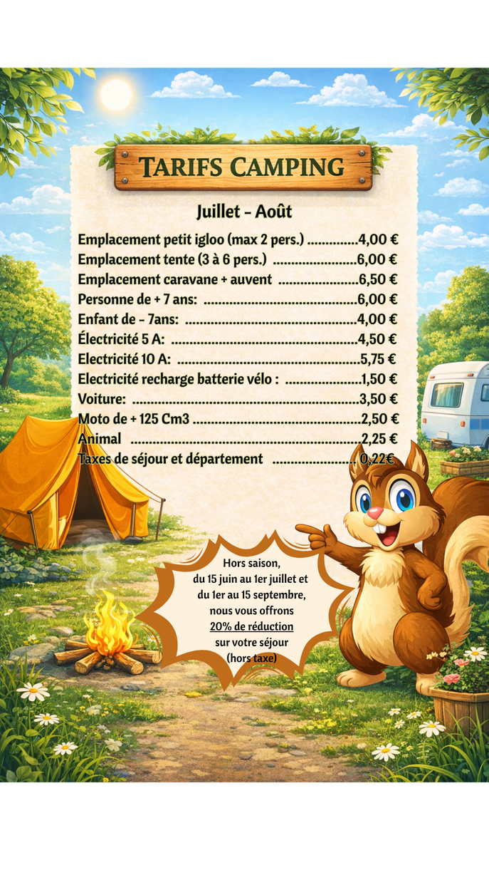Illustration des tarifs 2026 du camping Le Pas du Gû à Saint Brévin L'océan - L'image indique un camping traditionnel qui semble calme et convivial.