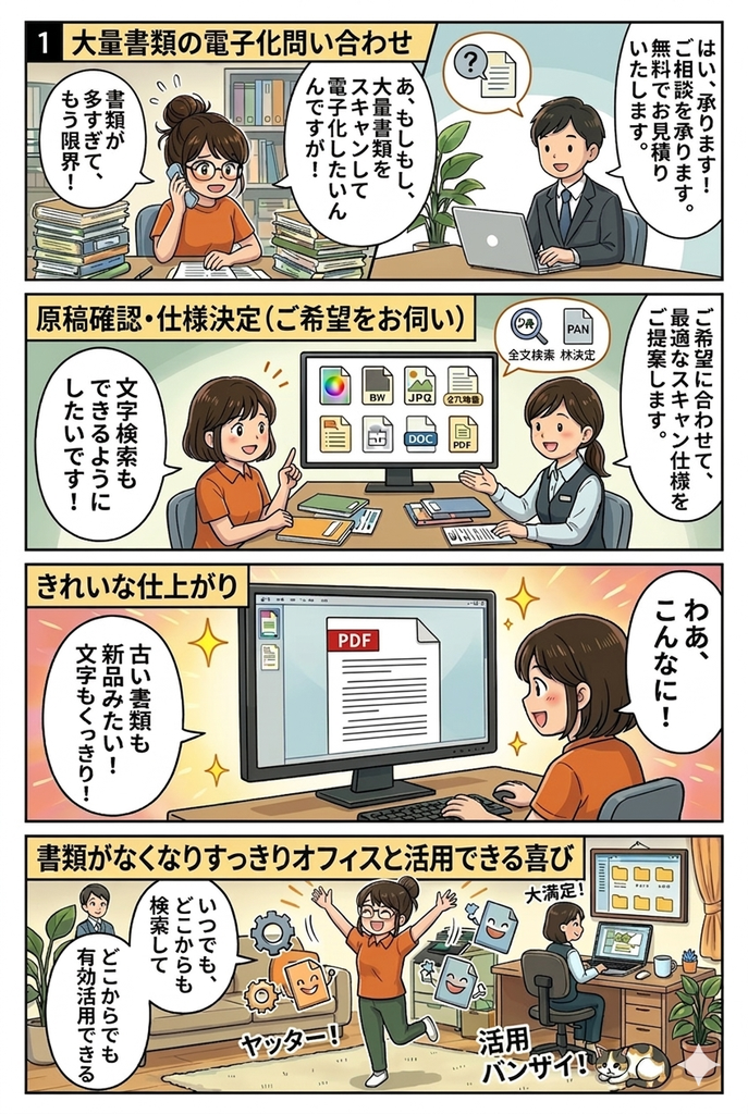 大量書類の電子化問い合わせ 無料でご相談を承ります ご希望に合わせてスキャン仕様をご提案 文字検索 古い書類 くっきり いつでもどこでも検索 有効活用 大満足